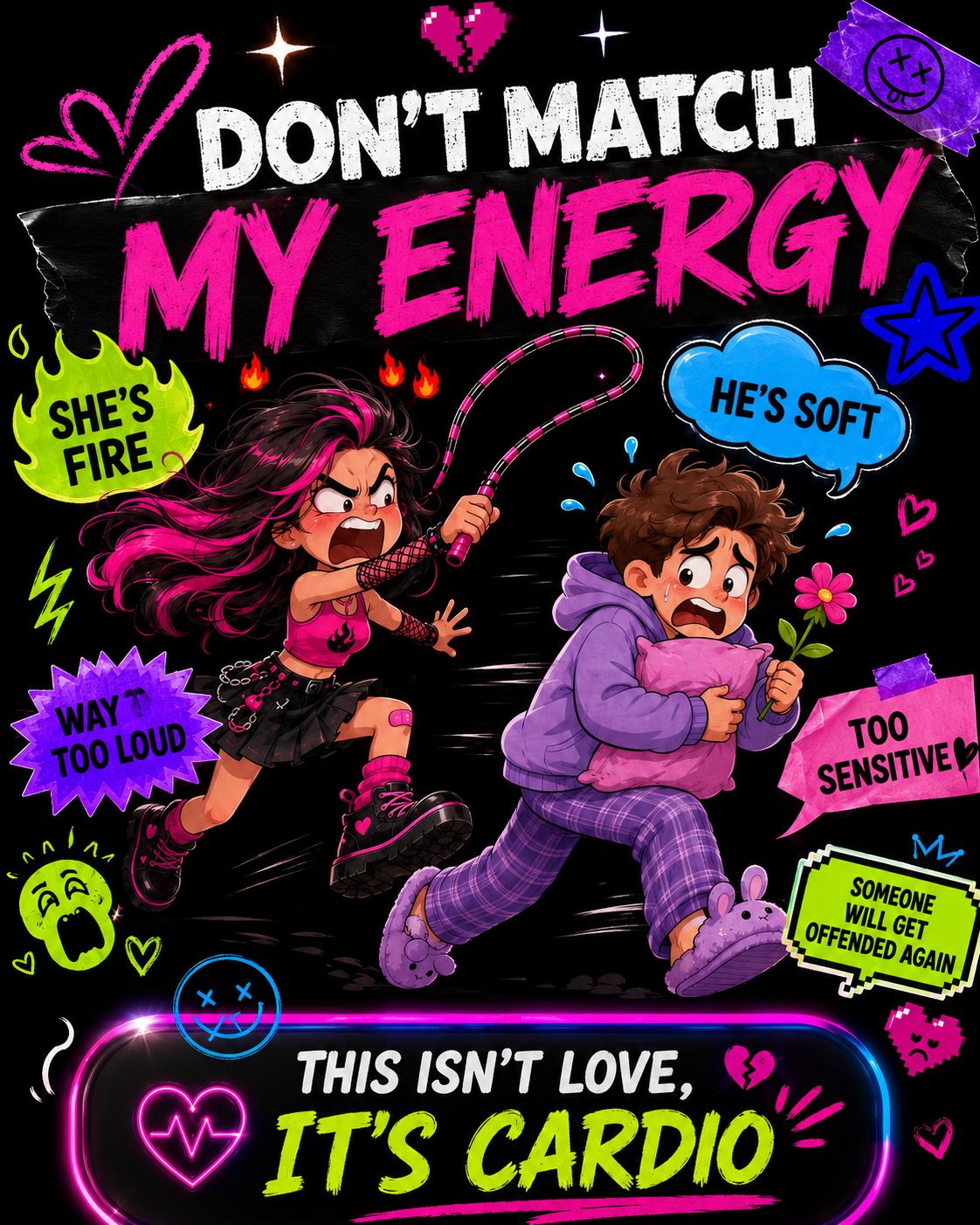 Neon meme card: Don't Match My Energy