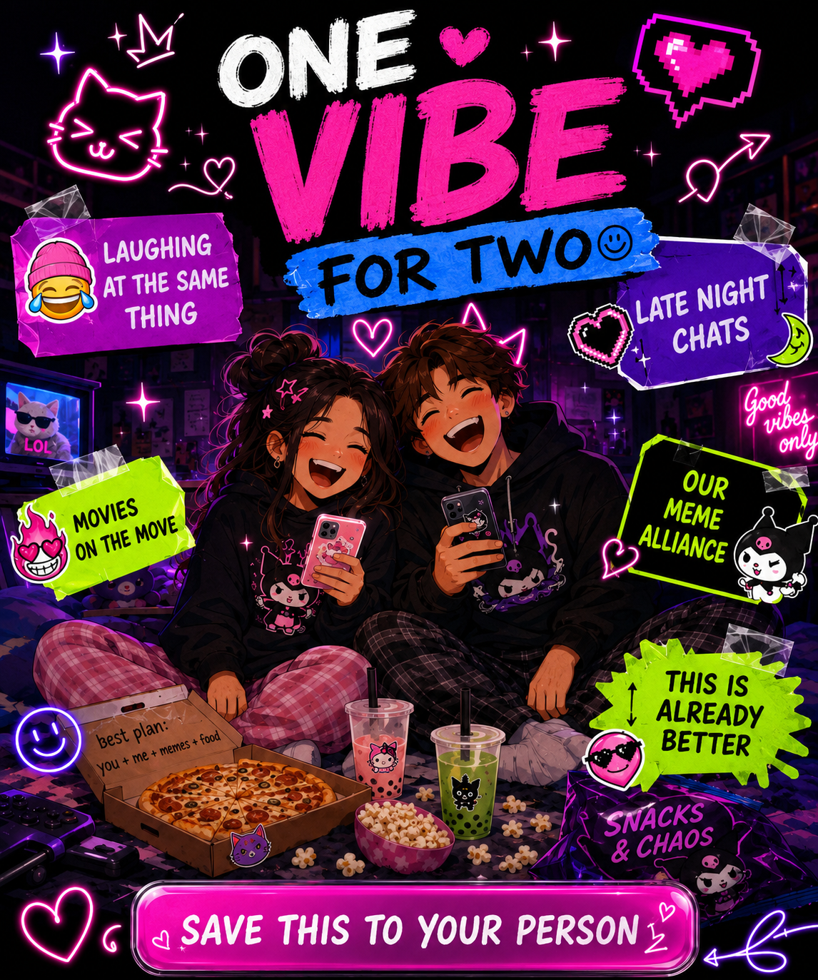 Neon meme card: One Vibe For Two