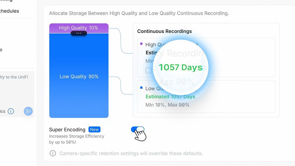 UniFi Protect storage allocation screen with high-quality and low-quality continuous recording tiers and Super Encoding enabled