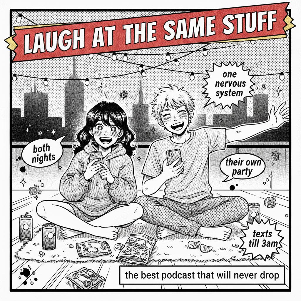 Comic style meme card: Laugh At The Same Stuff