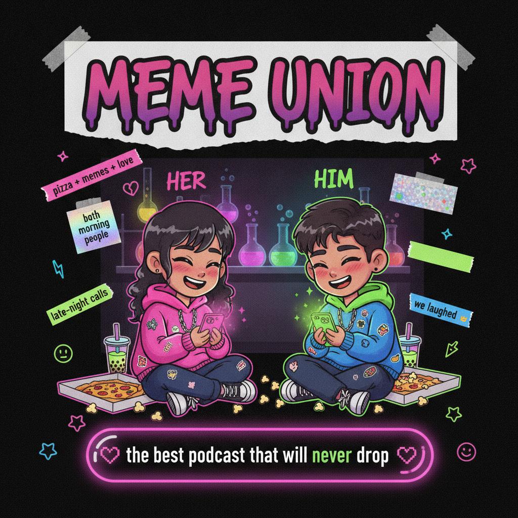 Neon sticker style meme card: Meme Union podcast