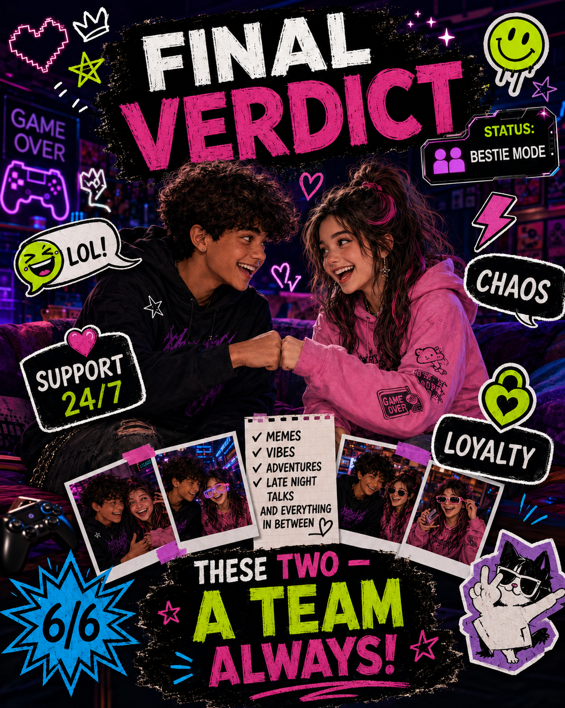 Neon meme card: Final Verdict, bestie mode