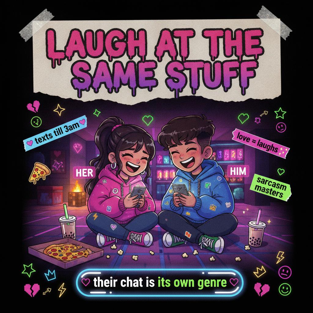 Neon sticker style meme card: Laugh At The Same Stuff
