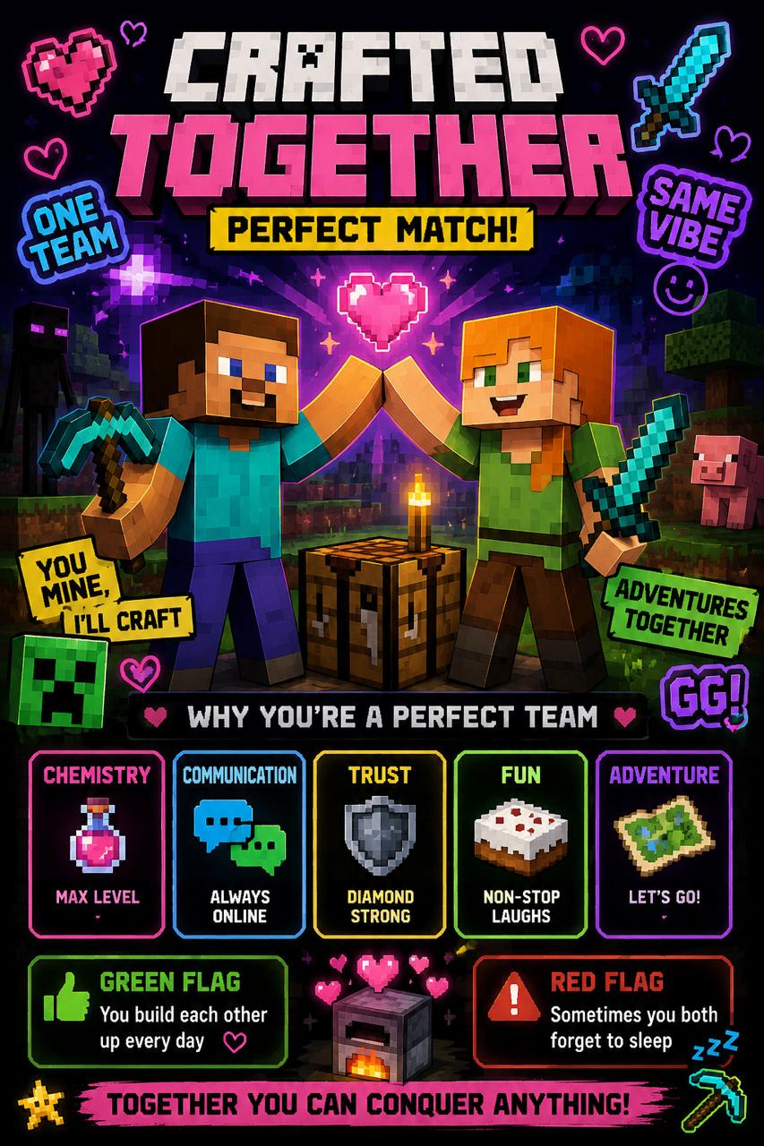 Pixel game style meme card: Crafted Together, perfect match