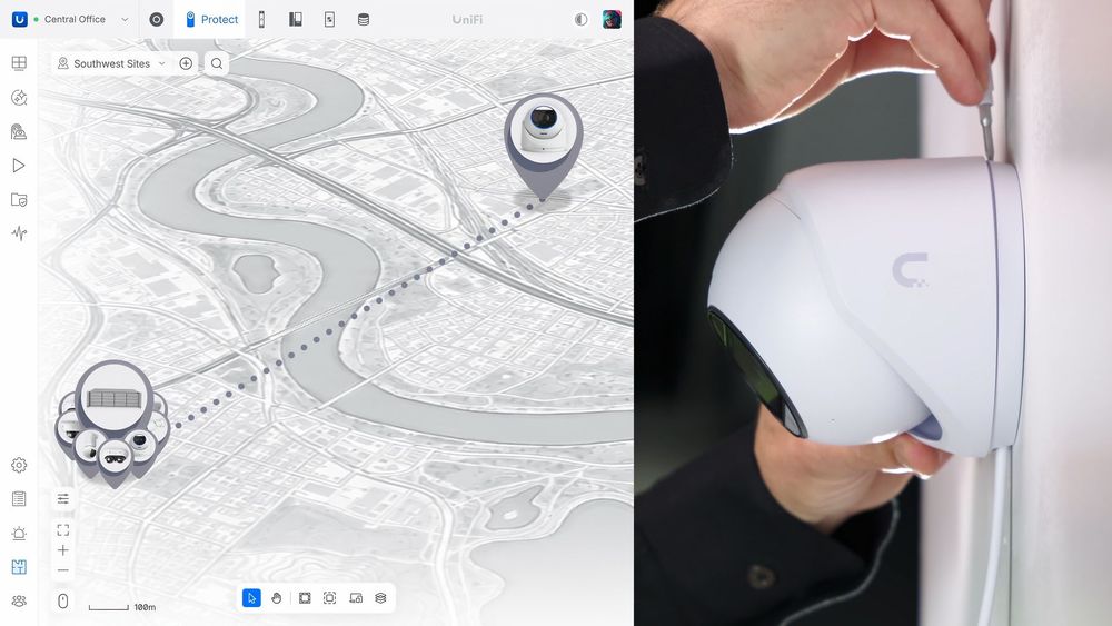 UniFi Teleport: a remote camera on a map linking to a central site, next to a camera being installed