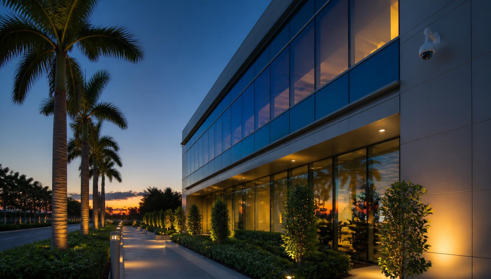 Commercial office building in South Florida with a surveillance camera on the facade